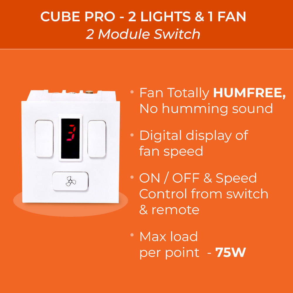 CUBE PRO - Modular Remote Control Switch for 2 Lights and 1 Fan with HUMFREE Fan Regulation and Digital Display of Fan speed
