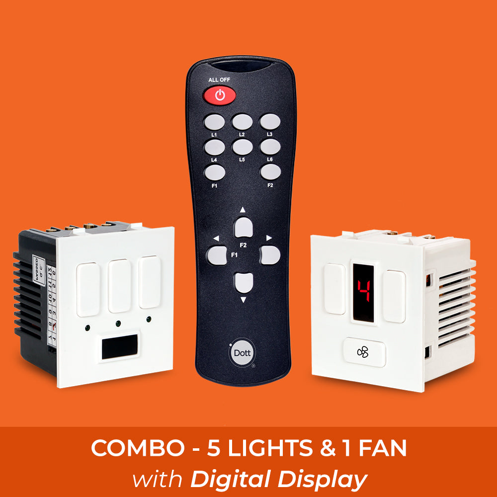 COMBO - Modular Remote Control Switch for 5 Lights & 1 Fan. with HUMFREE Fan and DIGITAL DISPLAY.