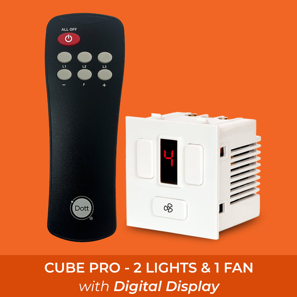 CUBE PRO - Modular Remote Control Switch for 2 Lights and 1 Fan with HUMFREE Fan Regulation and Digital Display of Fan speed